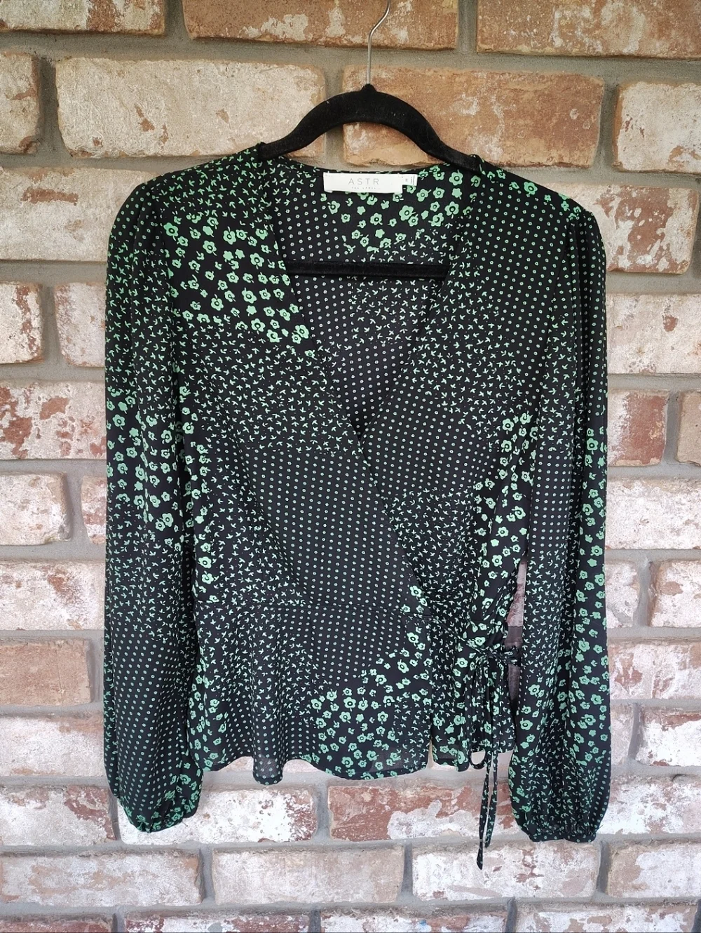 Astr The Label Green & Black Patchwork Print Chiffon Wrap Top Sz M Casual Career